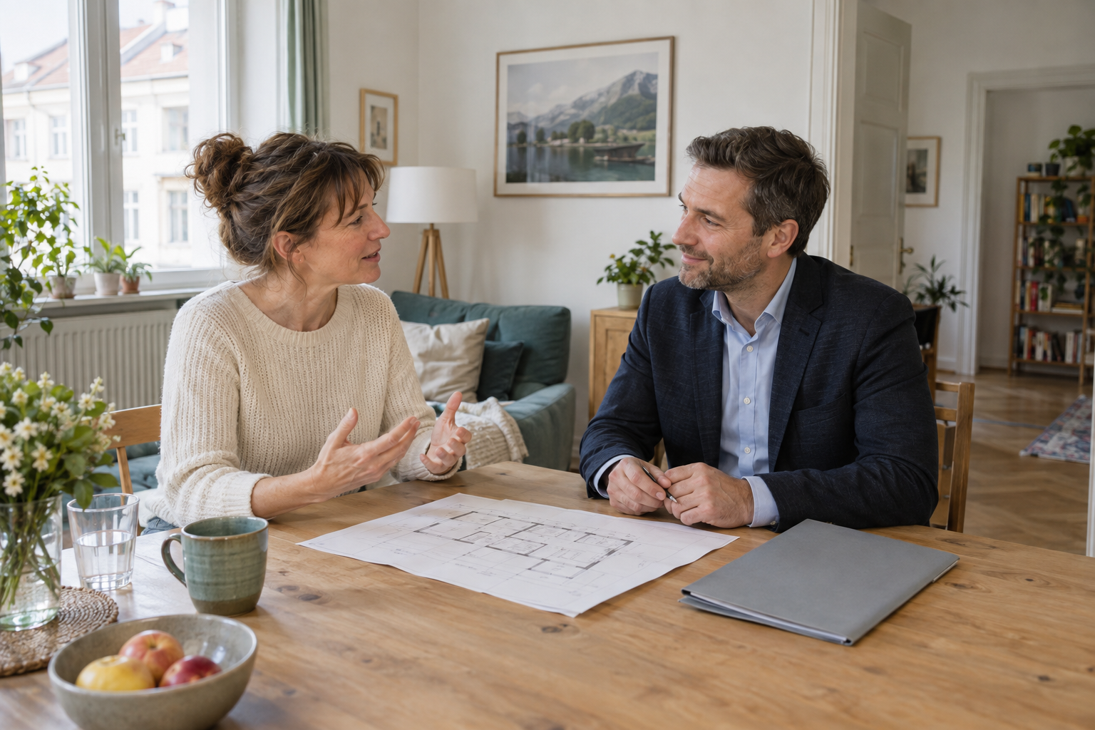 Aufmerksames Gespräch über eine Wohnung an einem Tisch